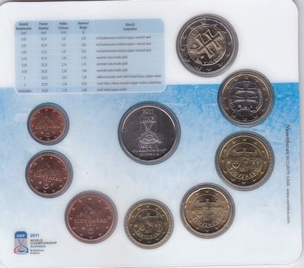 Словакия - Mint набор 8 монет 1 2 5 10 20 50 Cent 1 2 Euro + жетон 2011 - IIHF World Championship - in folder - UNC