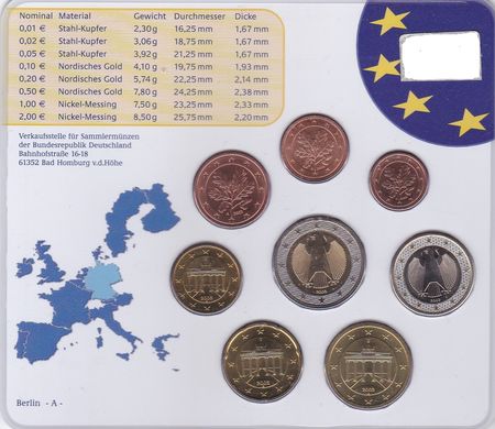 Германия - набор 8 монет 1 2 5 10 20 50 Cent 1 2 Euro 2003 - A - в холдере - UNC