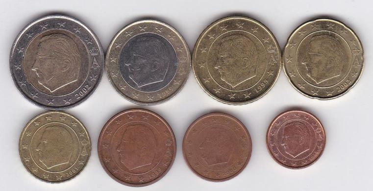 Belgium - set 8 coins 1 2 5 10 20 50 Cent 1 2 Euro 1999 - 2002 - XF / VF