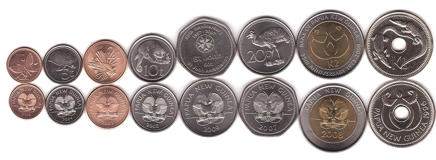Папуа - Нова Гвінея - набір 8 монет 1 2 5 10 20 50 Toea normal, 1 2 Kina 1995 - 2014 - UNC / aUNC