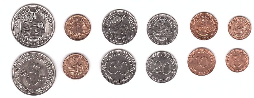 Болівія - набір 6 монет 5 10 20 50 Centavos 1 5 Boliviano 1951 - 1980 - UNC