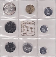 Сан Марино - набор 8 монет 1 2 5 10 20 50 100 500 Lire 1972 - в запайці - срібло - UNC / aUNC