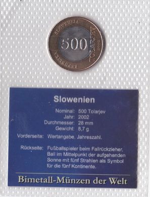 Slovenia - 500 Tolarjev 2002 - football - in blister - UNC