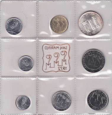 Сан Марино - набор 8 монет 1 2 5 10 20 50 100 500 Lire 1972 - в запайці - срібло - UNC / aUNC