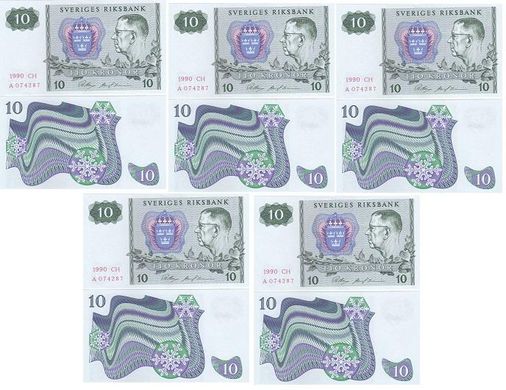 Sweden - 5 pcs х 10 Kronor 1990 - P. 52e - different series - aUNC / XF