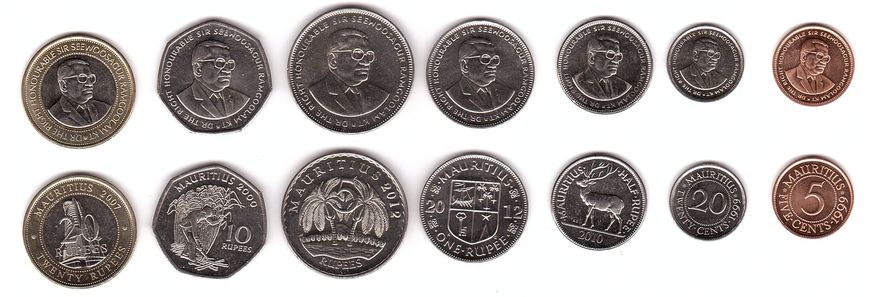 Mauritius - set 7 coins 5 20 Cents Half 1 5 10 20 Rupees 1999 - 2012 - UNC