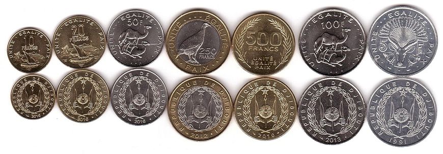 Джибути - 5 шт х набор 7 монет 5 10 20 50 100 250 500 Francs 1991 - 2016 - UNC