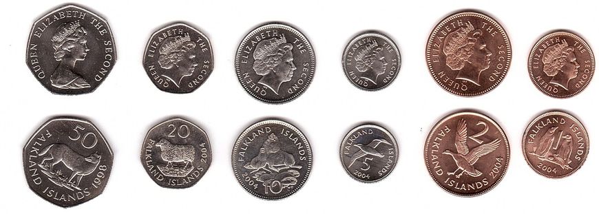 Falkland Islands - 5 pcs x set 6 coins 1 2 5 10 20 50 Pence 1998 - 2004 - UNC
