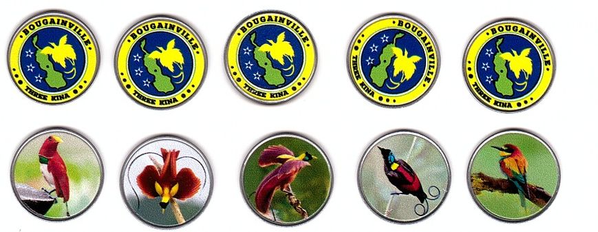 Fantasy - Bougainville - набор 5 монет x 3 Kina 2019 - Птицы / Birds - UNC