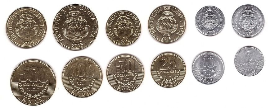 Costa Rica - set 6 coins 5 10 25 50 100 500 Colones 2014 - 2016 - UNC