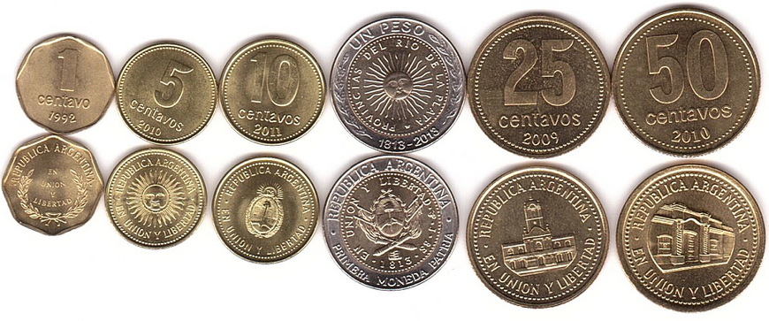 Argentina - 5 pcs x set 6 coins 1 5 10 25 50 Centavos 1 Peso 1992 - 2011 - UNC