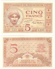 Мадагаскар - 5 Francs 1937 - XF / pinholes