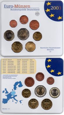 Німеччина - набір 8 монет 1 2 5 10 20 50 Cent 1 2 Euro 2003 - D - UNC