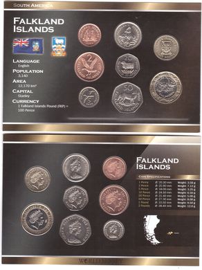 Falkland Islands - set 8 coins 1 2 5 10 20 50 Pence 1 2 Pounds 1998 - 2004 - in a cardboard box - UNC