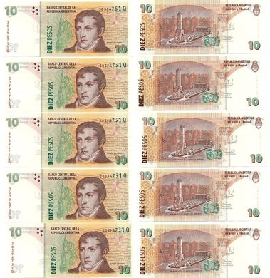 Аргентина - 5 шт х 10 Pesos 2003 - Pick 354b - Serie N - UNC