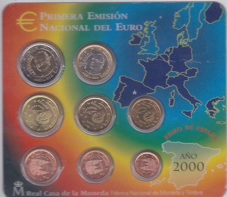 Іспанія - набір 8 монет 1 2 5 10 20 50 Cent 1 2 Euro 2000 - У картоні - UNC