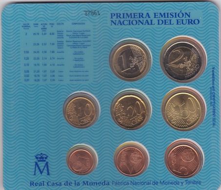 Испания - набор 8 монет 1 2 5 10 20 50 Cent 1 2 Euro 2000 - в картонке - UNC