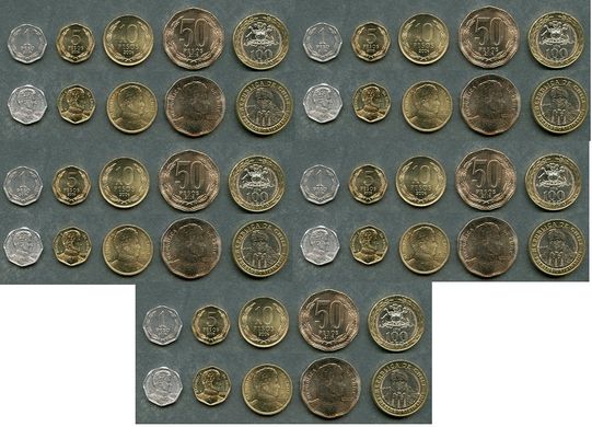 Чили - 5 шт х набор 5 монет - 1 5 10 50 100 Peso 2006 - UNC