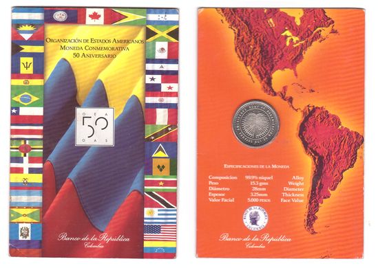 Колумбія - 5000 Pesos 1998 - 50 років організації американських держав - у буклеті - UNC