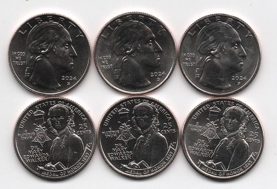 USA - set 3 coins х 1/4 Dollar 2024 - P - D - S - Dr. Mary Edwards Walker - American Women - UNC