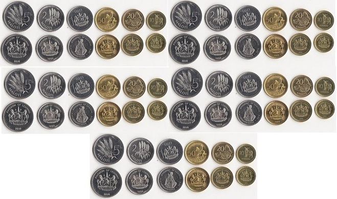 Lesotho - 5 pcs x set 6 coins 10 20 50 Lisente 1 2 5 Maloti 1998 - 2018 - UNC