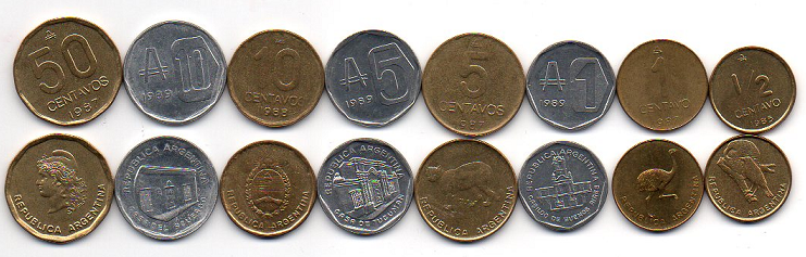 Аргентина - 5 шт х набор 8 монет - 1/2 1 1 5 5 10 10 50 Centavos 1985 - 1989 - XF / aUNC