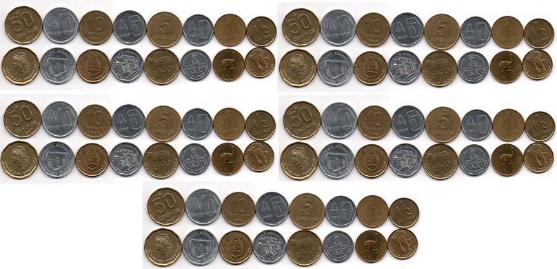 Argentina - 5 pcs x set 8 coins - 1/2 1 1 5 5 10 10 50 Centavos 1985 - 1989 - XF / aUNC