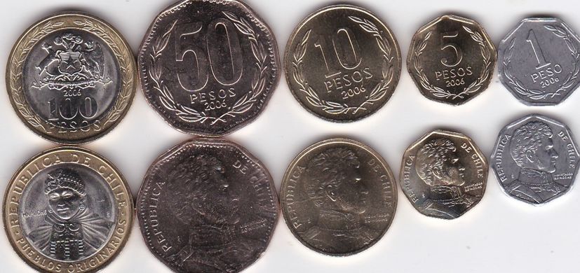 Чили - 5 шт х набор 5 монет - 1 5 10 50 100 Peso 2006 - UNC