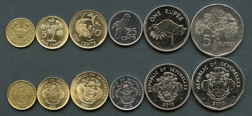Seychelles - set 6 coins 1 5 10 25 Cents 1 5 Rupees 2004 - 2012  - UNC