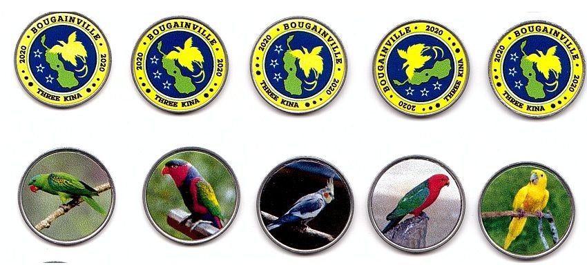 Fantasy - Bougainville - set 5 coins x 3 Kina 2020 - Birds - UNC