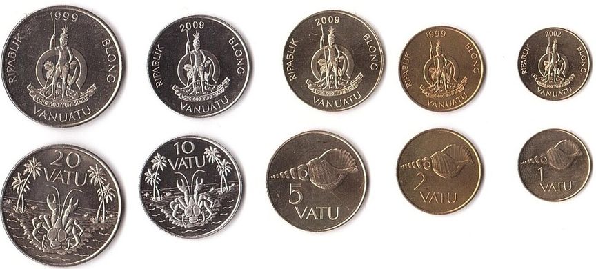 Vanuatu - 5 pcs x set 5 coins 1 2 5 10 20 Vatu 1999 - 2009 - UNC