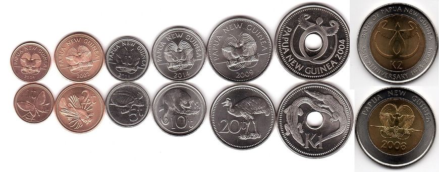 Папуа - Нова Гвінея - 5 шт х набір 7 монет 1 2 5 10 20 Toea + 1 2 Kina 2002 - 2014 - UNC