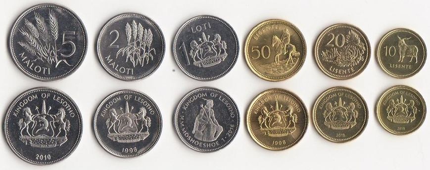 Лесото - 5 шт х набір 6 монет 10 20 50 LISENTE 1 2 5 MALOTI 1998 - 2018 - UNC