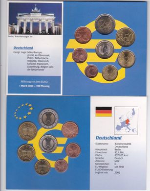 Німеччина - набір 8 монет 1 2 5 10 20 50 Cent 1 2 Euro 2002 - 2004 - in folder - UNC