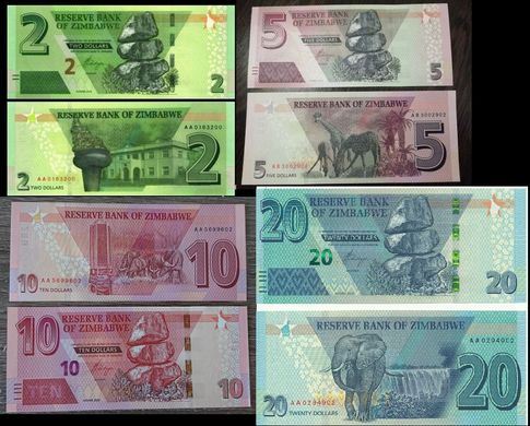 Зімбабве - 5 шт х набір 4 банкноти 2 5 10 20 Dollars 2019 ( 2020 ) - HYBRID - UNC