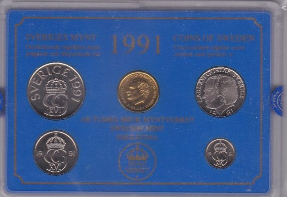 Швеція - Mint набір 5 монет 10 50 Ore 1 5 10 Kronor 1991 - у коробці - UNC