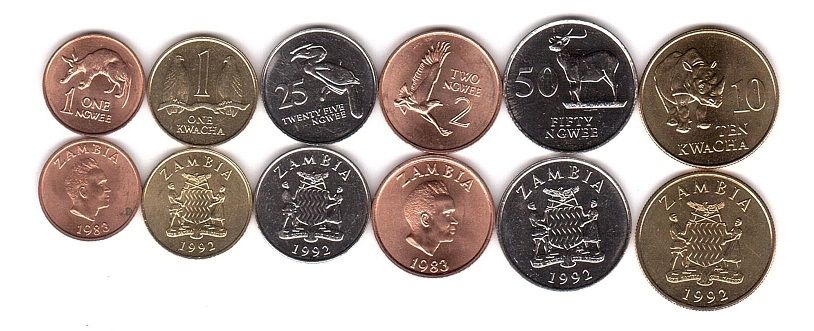 Zambia - set 6 coins 1 2 25 50 Ngwee 1 10 Kwacha 1983 - 1992 - UNC