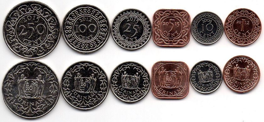 Suriname - 5 pcs x set 6 coins 1 5 10 25 100 250 Cent 2009 - 2015 - UNC