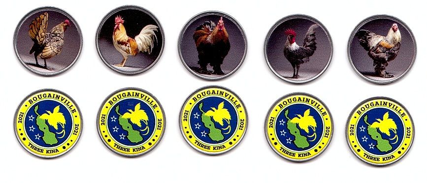 Fantasy - Bougainville - набор 5 монет x 3 Kina 2021 - Птицы / Birds - UNC
