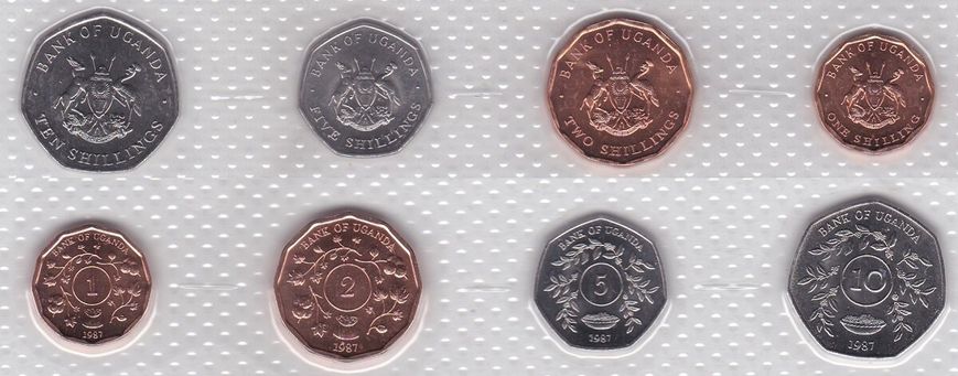 Уганда - набор 4 монеты 1 2 5 10 Shillings 1987 - в запайке - UNC