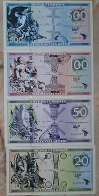 Super Currency Супер валюта - набор 4 банкноты 20 50 100 500 DEUTETZIA 2019 - Polymer - Fantasy Note - UNC