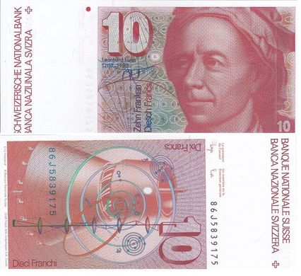 Швейцария - 10 Francs 1986 - Pick 53f(2) - signatures: Wyss and Lusser - UNC