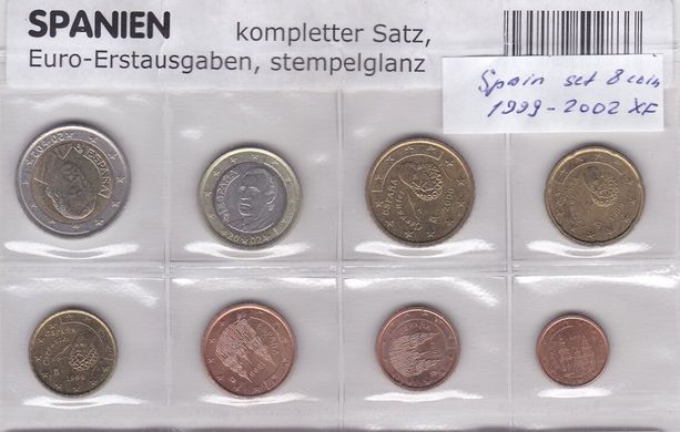 Испания - набор 8 монет 1 2 5 10 20 50 Cent 1 2 Euro 1999 - 2002 - XF