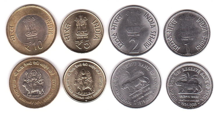 Індія - набір 4 монети 1 2 5 10 Rupees 2010 - 2012 comm. - aUNC
