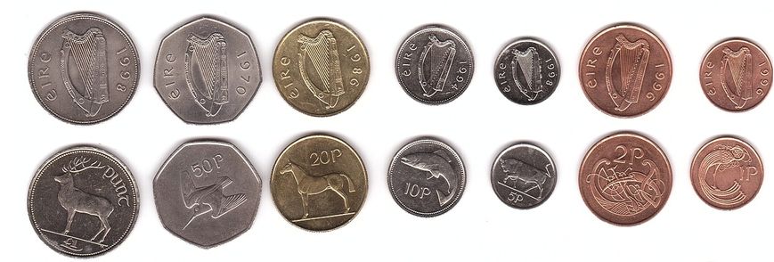 Ireland - set 7 coins 1 2 5 10 20 50 Pence 1 Pound 1974 - 2000 - aUNC / UNC