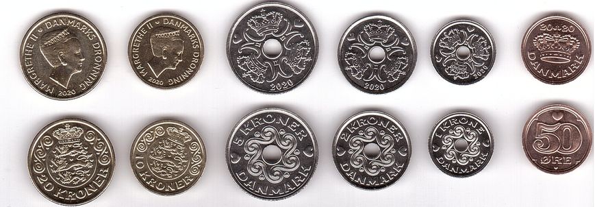 Данія - набір 6 монет 0,5 1 2 5 10 20 Kroner 2020 - UNC