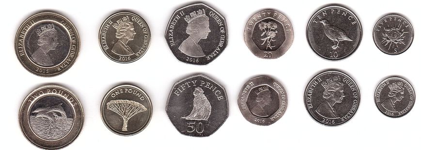 Гибралтар - набор 6 монет 5 10 20 50 Pence 1 2 Pounds 2015 - 2016 - UNC