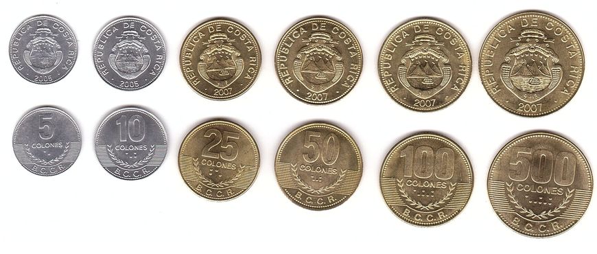 Коста-Рика - набор 6 монет 5 10 25 50 100 500 Colones 2005 - 2007 - aUNC / UNC