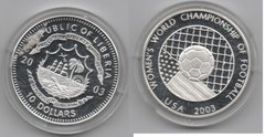 Либерия - 10 Dollars 2003 - Женский футбол - серебро в капсуле - UNC