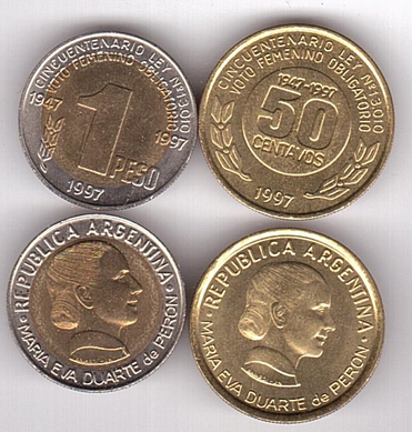 Аргентина - набор 2 монеты 50 Centavos + 1 Peso 1997 - comm. - UNC